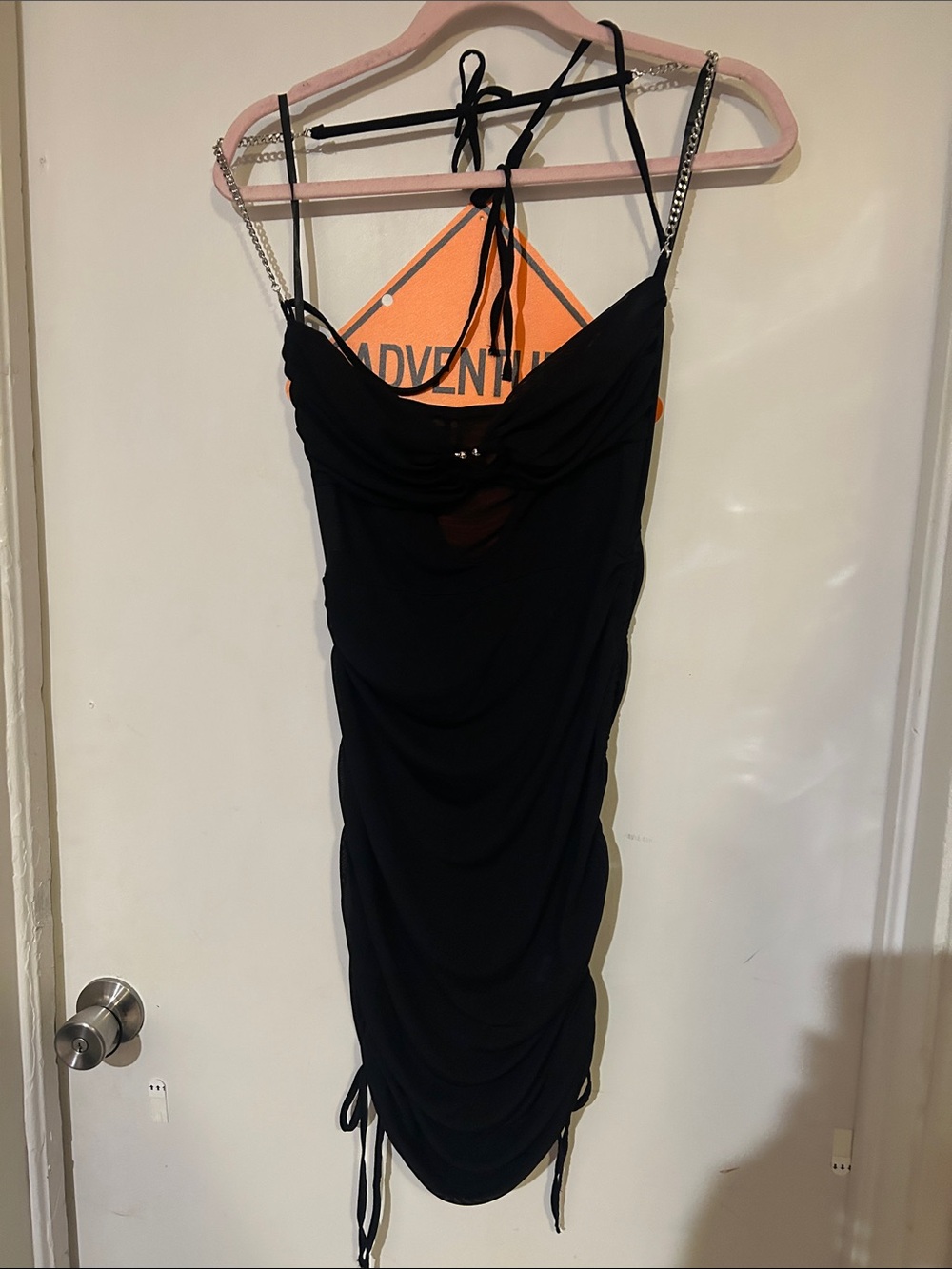 Black Chain-Strap Ruched Halter Mini Dress